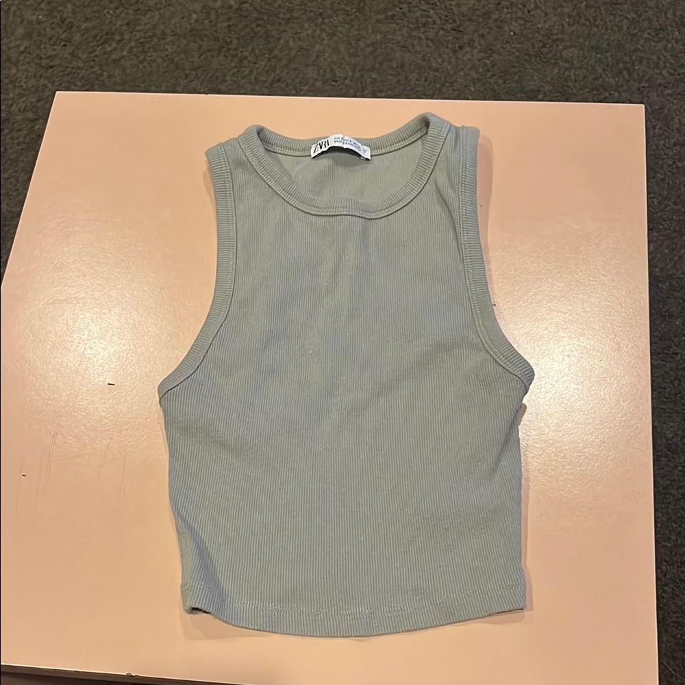 Zara Green Ribbed Sleeveless Crop Top